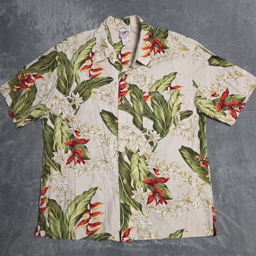 VTG Speedo Floral Hawaiian Aloha Shirt Mens Large Yellow Button Up 90s‎ Tropical